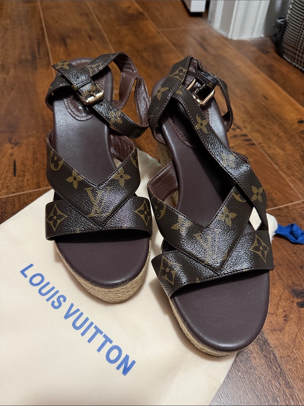 Louis Vuitton Monogram Espadrille Wedge Sandals in Brown and Gold